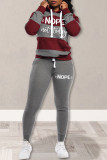 Red Casual Letter Striped Print Patchwork Basic Hooded Collar Long Sleeve Two Pieces