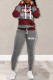 Burgundy Casual Letter Striped Print Patchwork Basic Hooded Collar Long Sleeve Two Pieces