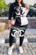Black And White Casual Print Patchwork Letter O Neck Long Sleeve Two Pieces