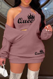 Pink Casual Letter Print Basic O Neck Long Sleeve Two Pieces