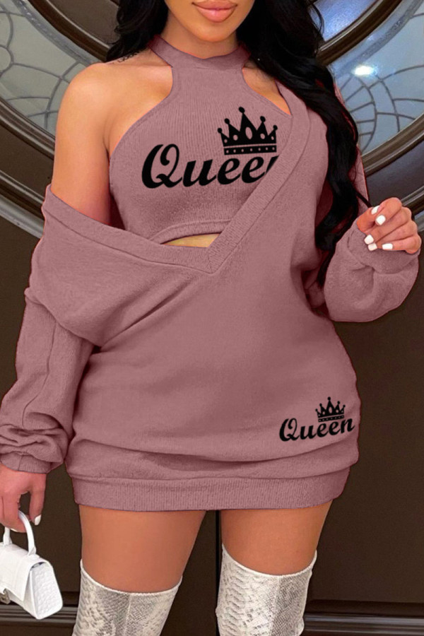 Purple Casual Letter Print Basic O Neck Long Sleeve Two Pieces