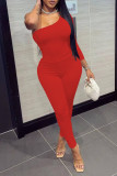 Red Sexy Solid Patchwork Oblique Collar Long Sleeve Two Pieces