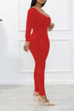 Red Sexy Solid Patchwork Oblique Collar Long Sleeve Two Pieces