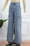Light Blue Casual Solid Patchwork Straight Denim Jeans