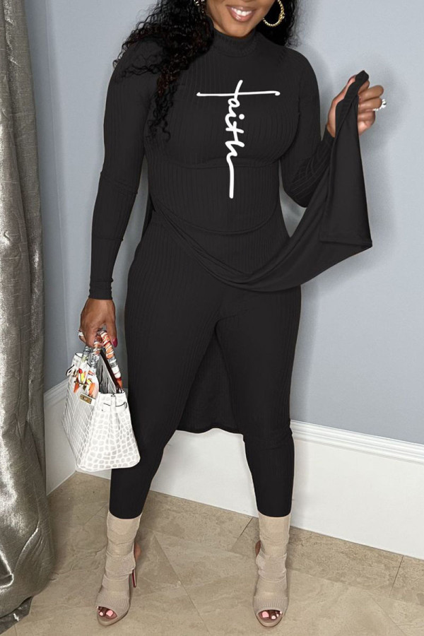 Black Casual Print Patchwork Slit Half A Turtleneck Long Sleeve Two Pieces
