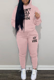 Pink Casual Letter Print Patchwork Hooded Collar Long Sleeve Two Pieces
