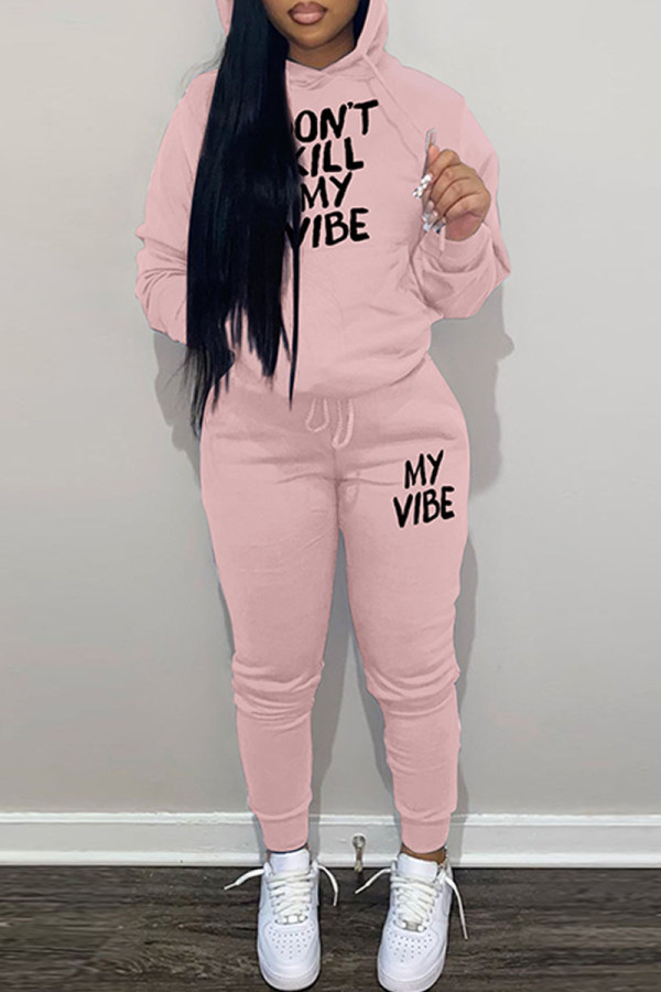 Pink Casual Letter Print Patchwork Hooded Collar Long Sleeve Two Pieces
