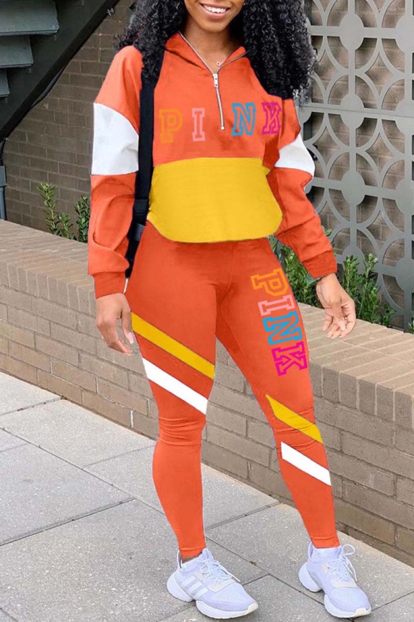 Orange Casual Letter Print Patchwork Zipper Collar Long Sleeve Two Pieces