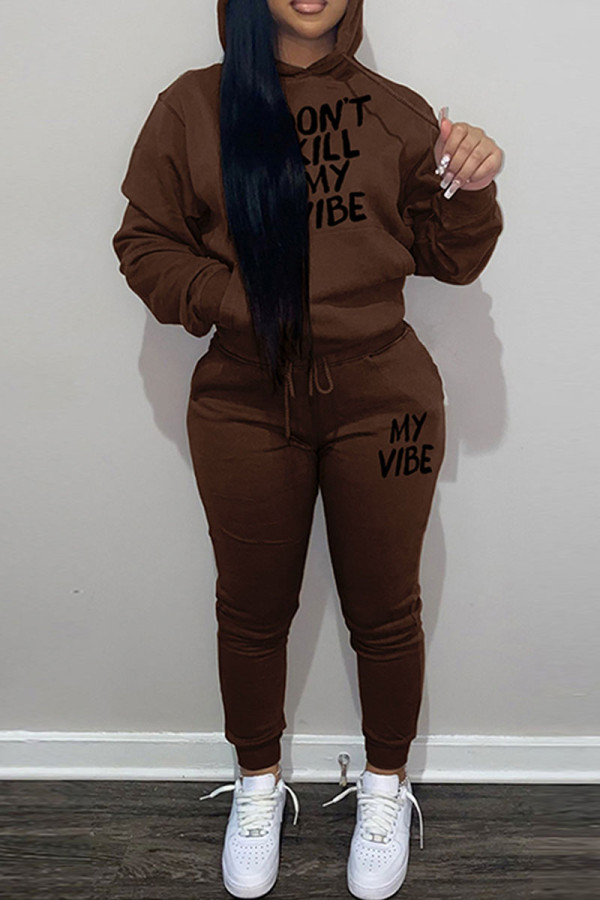 Coffee Casual Letter Print Patchwork Hooded Collar Long Sleeve Two Pieces