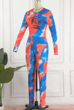Blue Casual Print Patchwork O Neck Long Sleeve Two Pieces