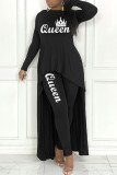 Red Casual Letter Print Asymmetrical O Neck Long Sleeve Two Pieces