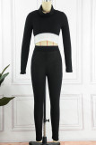 Black Casual Sportswear Solid Patchwork Turtleneck Long Sleeve Two Pieces