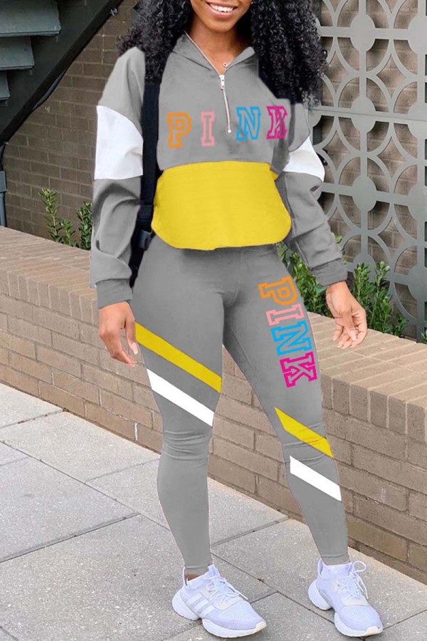 Grey Casual Letter Print Patchwork Zipper Collar Long Sleeve Two Pieces