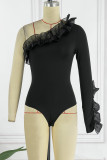Black Sexy Casual Solid Patchwork Backless Oblique Collar Skinny Romper