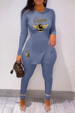 Coffee Casual Print Slit O Neck Long Sleeve Two Pieces
