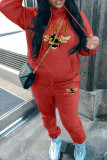 Red Casual Print Basic Hooded Collar Long Sleeve Two Pieces