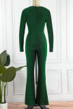 Green Sexy Solid Patchwork V Neck Boot Cut Jumpsuits