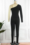 Red Sexy Solid Patchwork Oblique Collar Long Sleeve Two Pieces