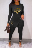 Coffee Casual Print Slit O Neck Long Sleeve Two Pieces