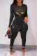 Black Casual Print Slit O Neck Long Sleeve Two Pieces