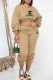 Khaki Casual Print Letter O Neck Long Sleeve Two Pieces