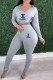 Grey Casual Print Letter Hooded Collar Long Sleeve Two Pieces