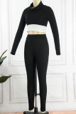 Black Casual Sportswear Solid Patchwork Turtleneck Long Sleeve Two Pieces