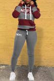 Red Casual Letter Striped Print Patchwork Hooded Collar Long Sleeve Two Pieces