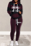 Red Casual Letter Striped Print Patchwork Basic Hooded Collar Long Sleeve Two Pieces