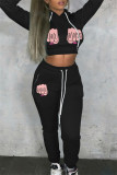 Red Casual Print Patchwork Hooded Collar Long Sleeve Two Pieces
