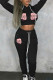Black Casual Print Patchwork Hooded Collar Long Sleeve Two Pieces