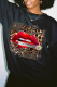 Black Daily Vintage Lips Printed Patchwork Letter O Neck Tops