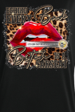 Black Daily Vintage Lips Printed Patchwork Letter O Neck Tops