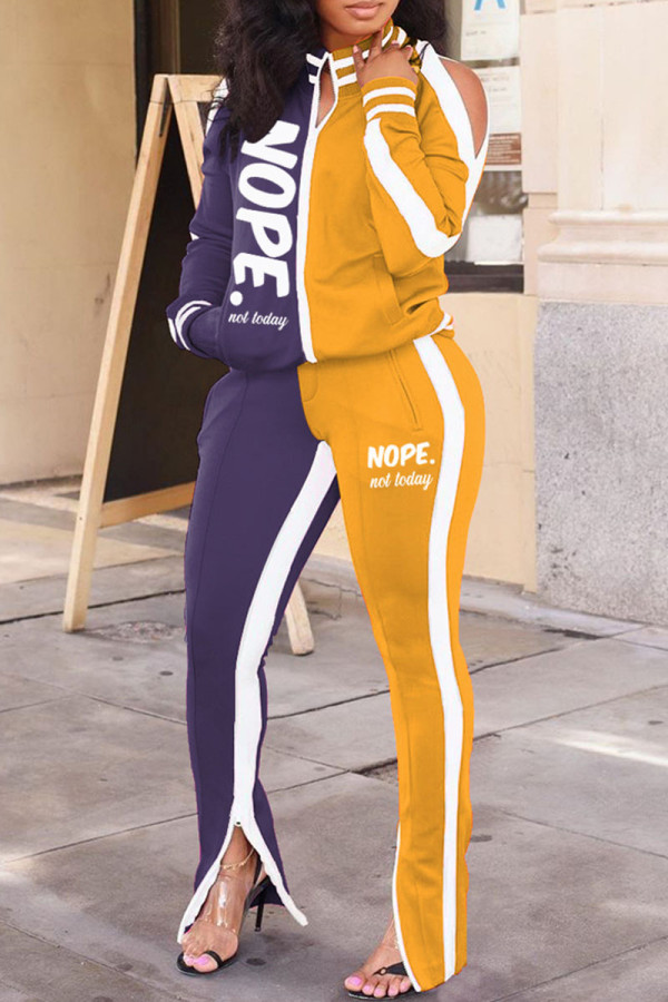 Purple Casual Letter Print Hollowed Out Patchwork Slit Zipper Collar Long Sleeve Two Pieces