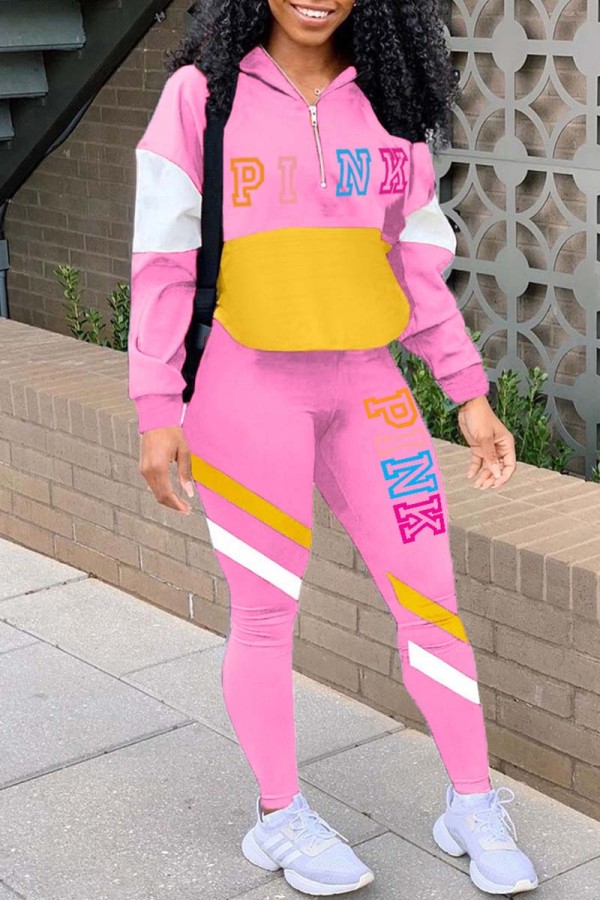 Light Pink Casual Letter Print Patchwork Zipper Collar Long Sleeve Two Pieces
