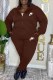 Dark Brown Casual Letter Embroidered Hooded Collar Long Sleeve Two Pieces