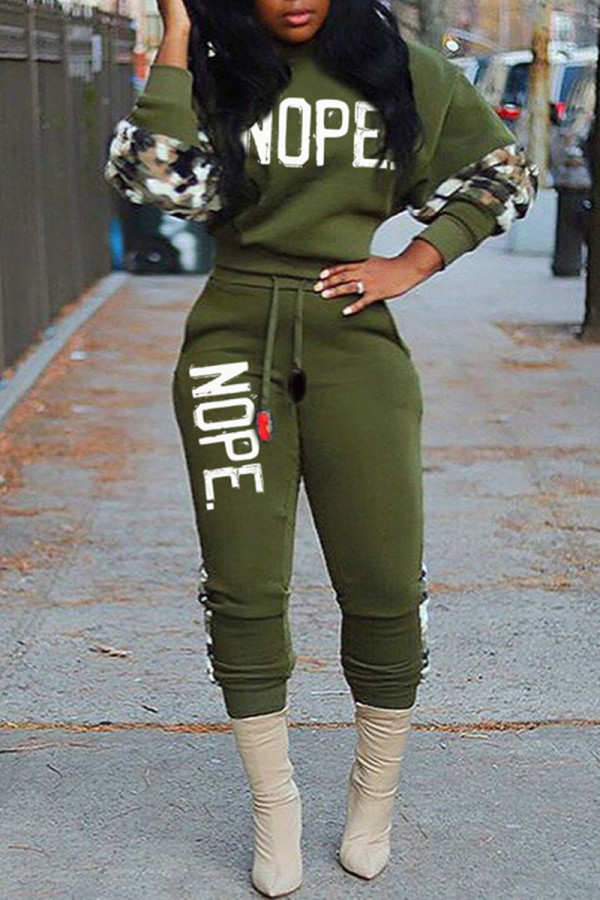 Green Casual Letter Print Patchwork O Neck Long Sleeve Two Pieces