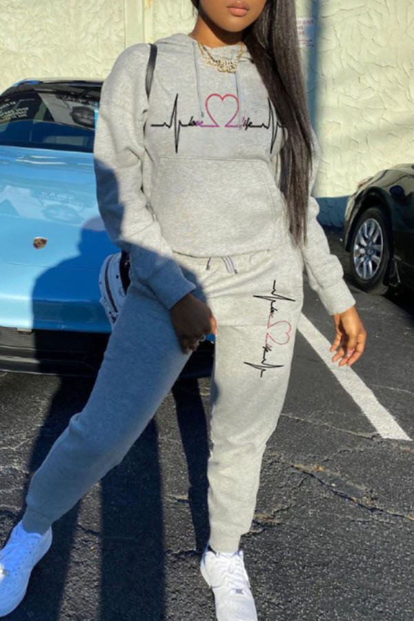 Grey Casual Print Patchwork O Neck Long Sleeve Two Pieces