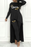 Red Casual Letter Print Asymmetrical O Neck Long Sleeve Two Pieces