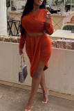 Orange Sexy Solid Patchwork Asymmetrical V Neck Long Sleeve Two Pieces