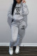Grey Casual Letter Print Patchwork Hooded Collar Long Sleeve Two Pieces
