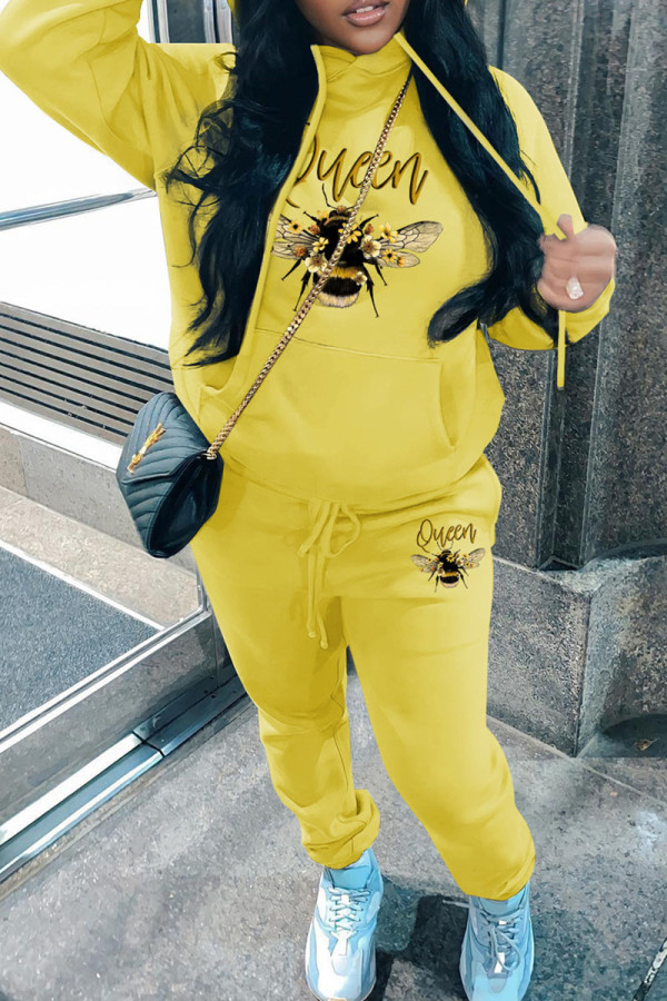 Yellow Casual Print Basic Hooded Collar Long Sleeve Two Pieces