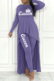 Red Casual Letter Print Asymmetrical O Neck Long Sleeve Two Pieces
