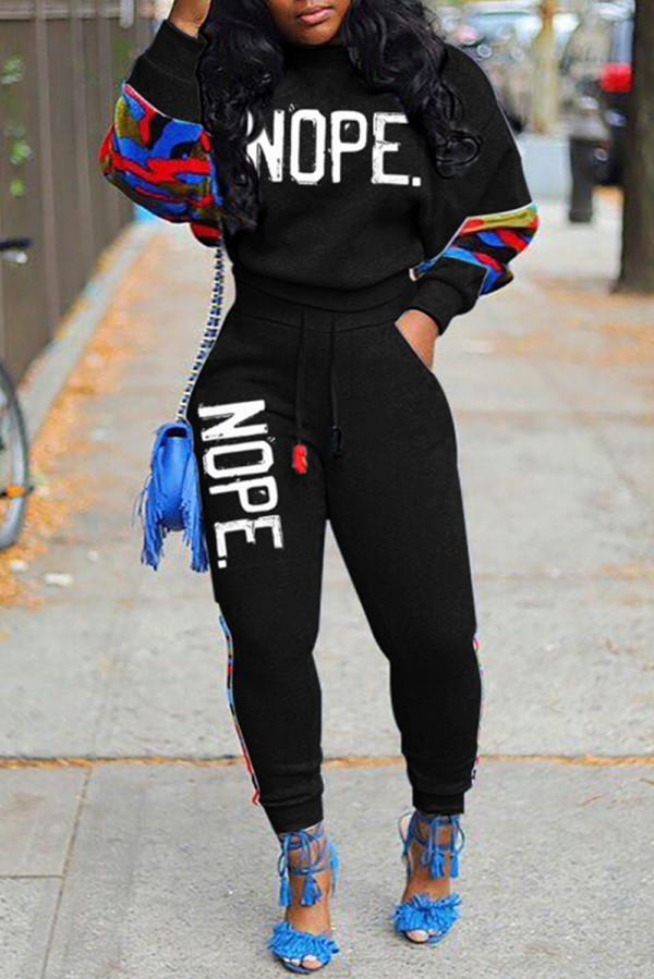 Black Casual Letter Print Patchwork O Neck Long Sleeve Two Pieces