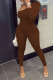 Coffee Sexy Solid Patchwork Oblique Collar Long Sleeve Two Pieces