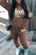 Coffee Casual Letter Print Basic Hooded Collar Long Sleeve Two Pieces