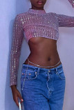 Purple Sexy Solid Sequins Patchwork See-through Half A Turtleneck Tops