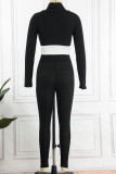 Black Casual Sportswear Solid Patchwork Turtleneck Long Sleeve Two Pieces