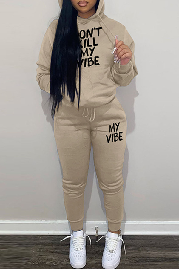 Khaki Casual Letter Print Patchwork Hooded Collar Long Sleeve Two Pieces