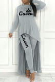 Red Casual Letter Print Asymmetrical O Neck Long Sleeve Two Pieces